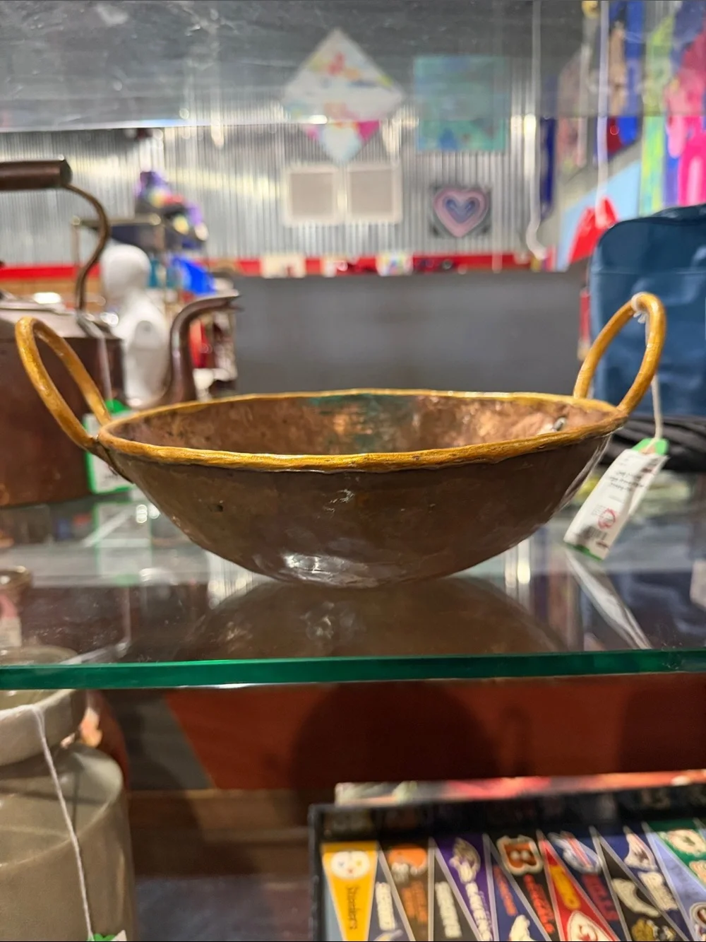 Handcrafted Copper Serving Bowl with Handles - Rustic Brown